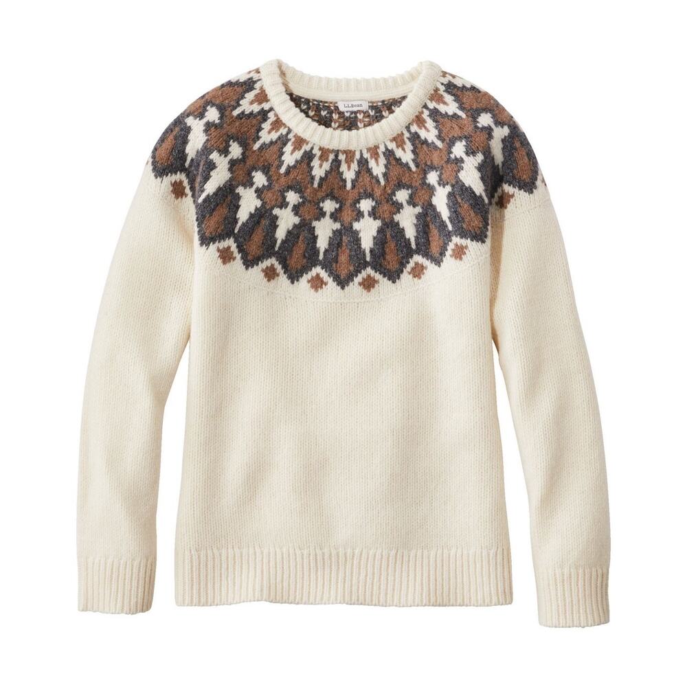 LL Bean Classic Ragg Wool Crewneck Fair Isle Nordic Sweater Ivory Undyed Sz Med